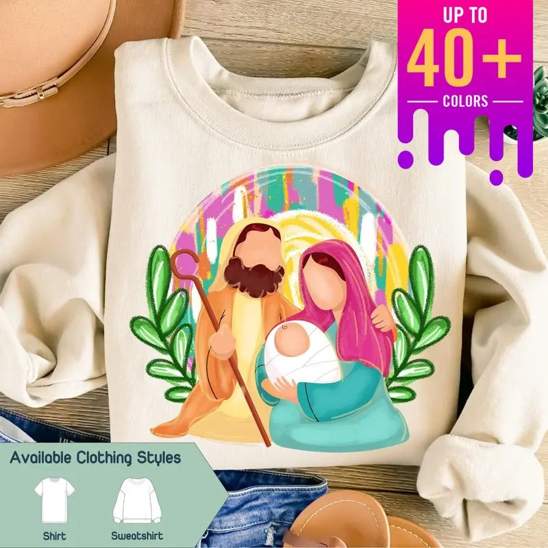 Colorful Glitter Christmas Nativity Sweatshirt, Oh Come Let Us Adore Him & Baby Jesus Tee, Brushstroke Christian Designs,...