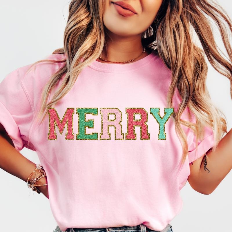 Colorful Merry Faux Sparkling christmas shirt Women's Oversized Christmas Shirt - Festive Printed Design