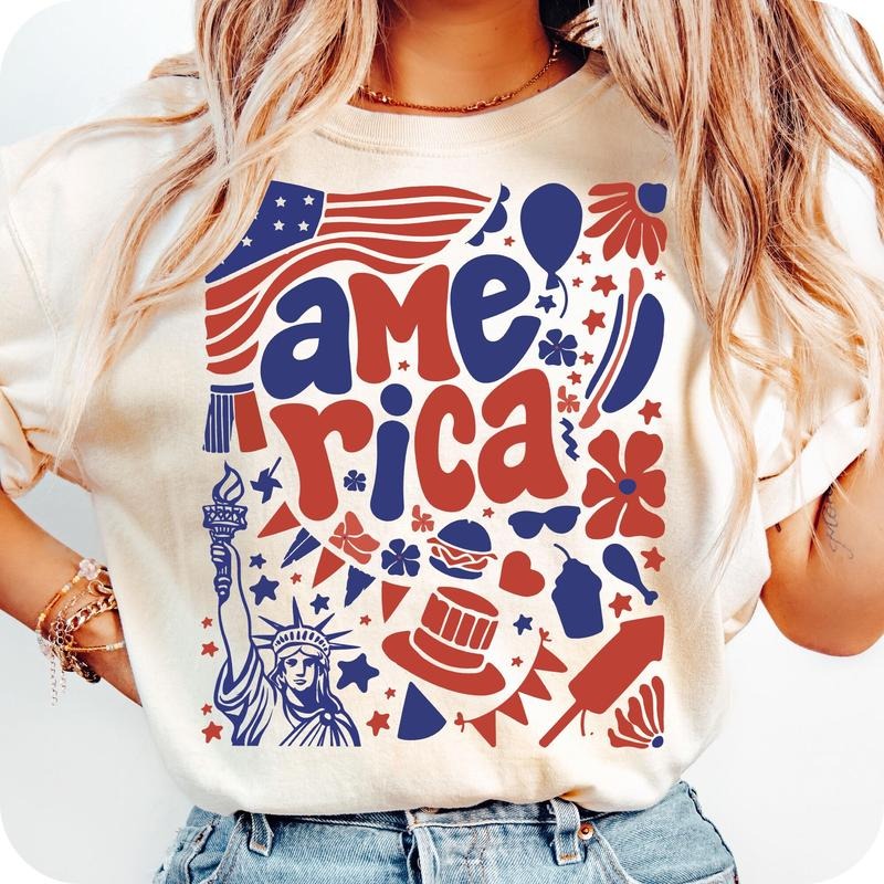 Comfort Colors Boho Floral America T-Shirt, Retro America Shirt, 4th of July T-Shirt, Patriotic Shirt, Girly USA Shirt,...