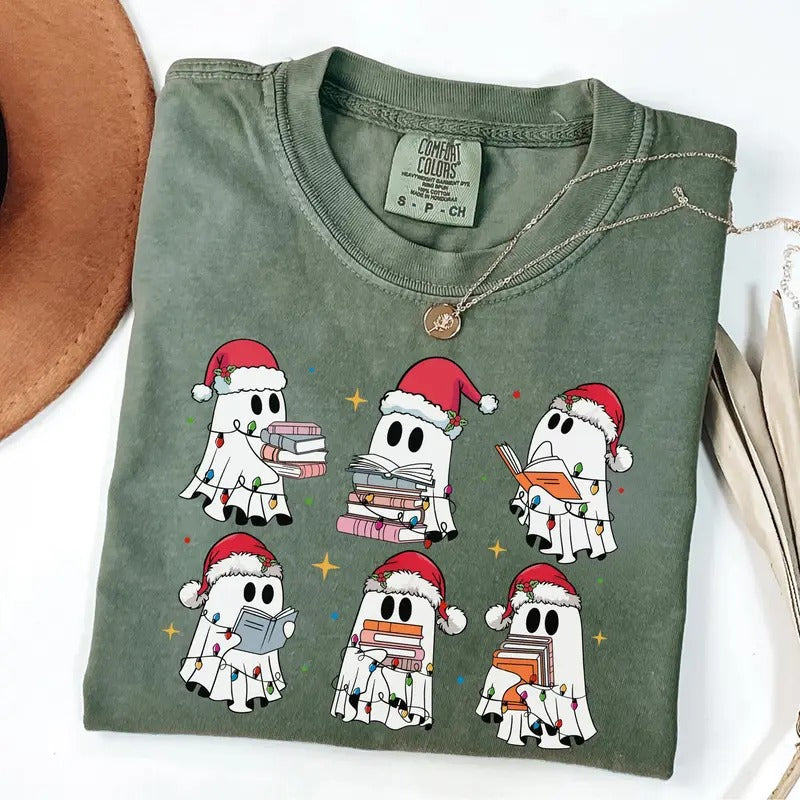 Comfort Colors Christmas Book Ghost Shirt, Xmas Book Ghost T-Shirt, Book Club Gift, Holiday Gift Shirt Hoodie, Sweatshirt