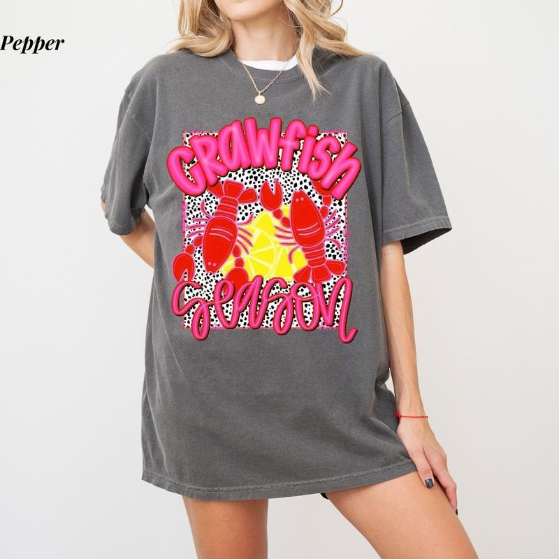Comfort Colors Crawfish Season T-Shirt, Comfort Colors Pink & Red, Louisiana Seafood Tee, Womenswear Ultra Soft Cotton...