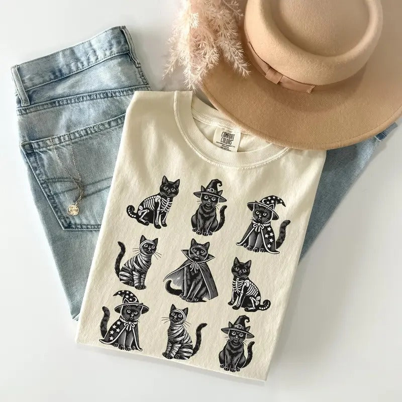 Comfort Colors Halloween Black Cat Shirt, Cat Lover Gift, Happy Halloween, Retro Spooky Season, Black Cat Costume Tee...
