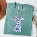 Comfort Colors Happy Easter Bunny Shirt, Blue Floral Chinoiserie Bunny Shirt, Blue Toile Easter Rabbit Tee, Easter...