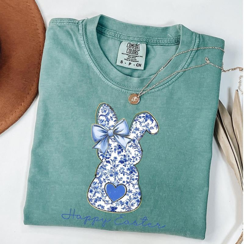 Comfort Colors Happy Easter Bunny Shirt, Blue Floral Chinoiserie Bunny Shirt, Blue Toile Easter Rabbit Tee, Easter...