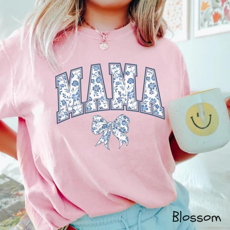 Comfort Colors Mama T-Shirt, Blue Ribbon T-Shirt, Mothers Day Gift, Girly Aesthetic Gift For Mom, Cute Mom Shirt, Bow...