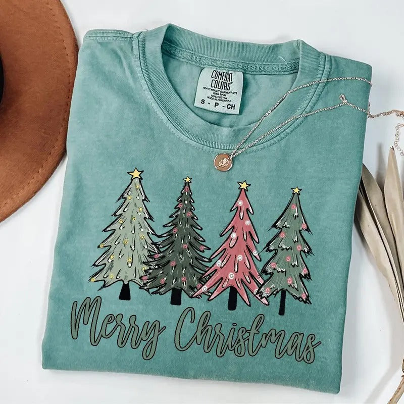 Comfort Colors Merry Christmas Tree Shirt, Merry & Bright T-Shirt, Cute Christmas Gift, Christmas Family Shirt, Womens...