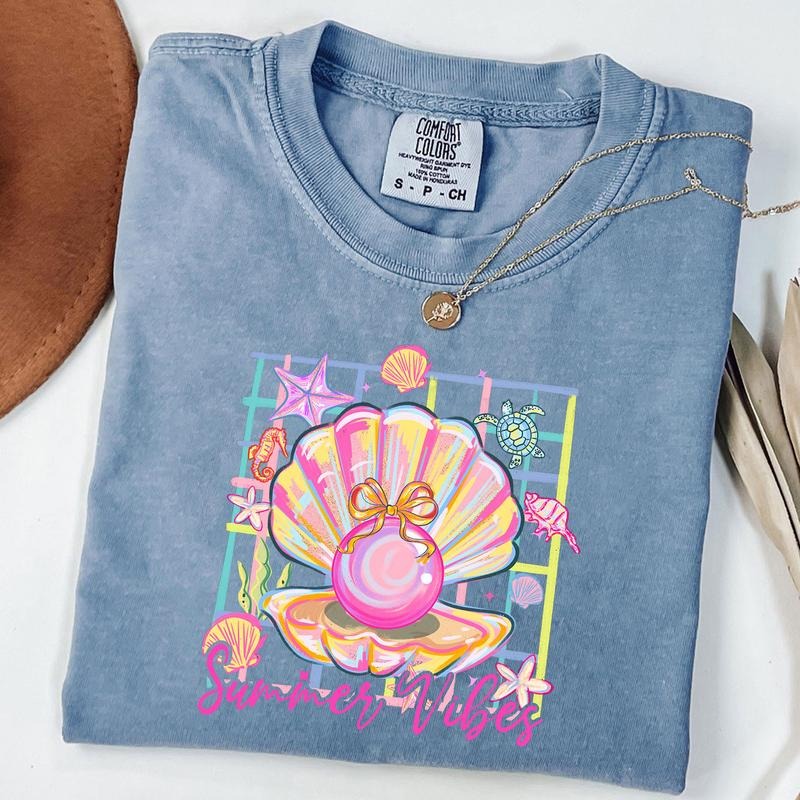 Comfort Colors Pearl Seashell Clam Bow Shirt, Summer Vibes Shirt, Coquette Pearl Bow Tee, Summer Girly T-Shirt, Pink Clam...