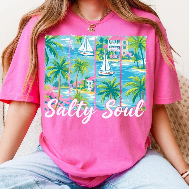 Comfort Colors Preppy Summer Salty Soul T-Shirt, Pink Hot Beach Shirt, Beach vibes Brushstroke T-Shirt, Aesthetic Summer...