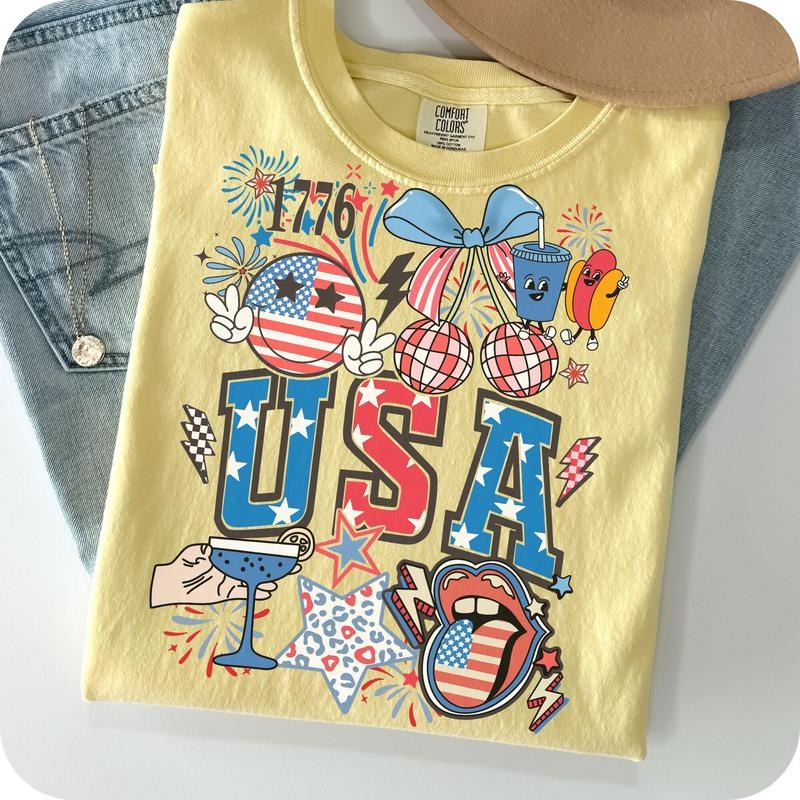 Comfort Colors Retro Grunge USA Coquette T-Shirt, 4th of July Shirt, America Brushstroke T-Shirt, Preppy America TShirt,...