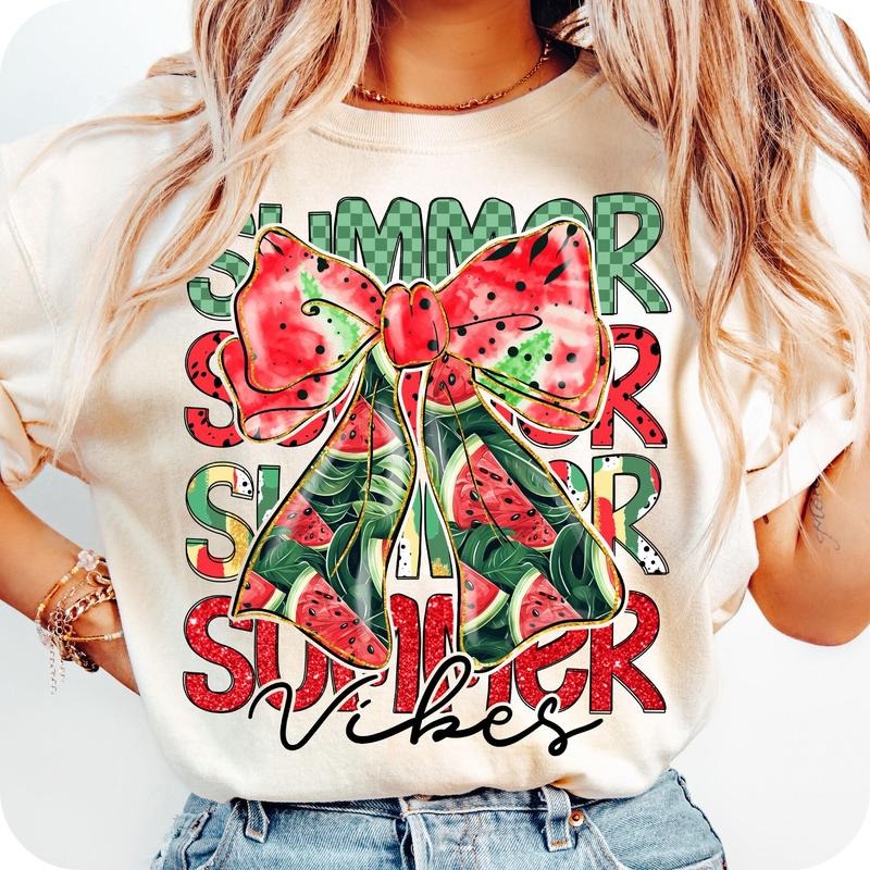 Comfort Colors Retro Summer Vibes T-Shirt, Watermelon Coquette Bow Summer Shirt, Trendy Summer T-Shirt, Hello Summer...