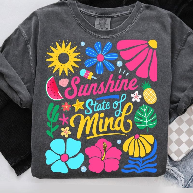 Comfort Colors Sunshine State Of Mind T-Shirt ,Beach T-Shirt Retro Flowers Summer Shirt, Trendy Summer T-Shirt, Sunshine...