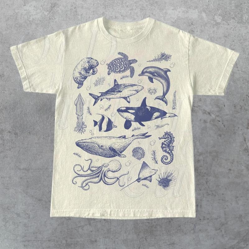 Comfort Colors Vintage 90s Tattoo Sea Animal T-shirt, Retro Ocean Nature Shirt, Sea life, Ocean, Whale, Orca, Turtle,...