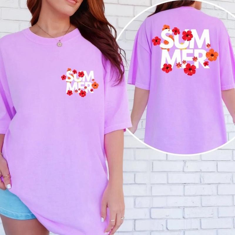Comfort Colors Women's Floral Summer Casual Cotton Graphic Tee, Short Sleeve Top with Pink Floral Design
