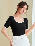 Contrast Trim Short Sleeve Ribbed T Shirts Sweetheart Neck Fitted Tee Tops Hoodie, Sweatshirt | ZylaModa.com