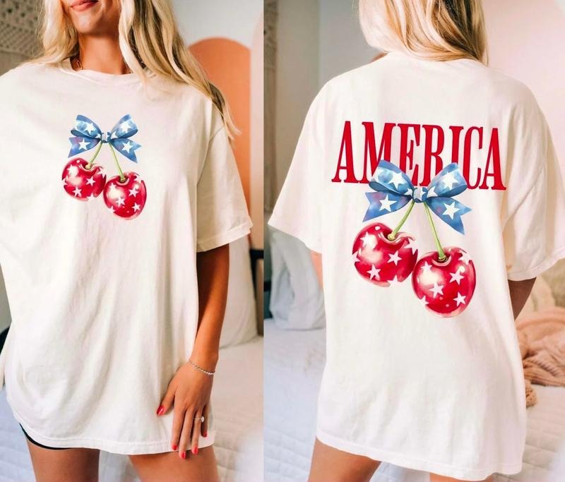 Coquette 4th of July Shirt, Cherries American Flag Sweatshirt, Girly Fourth Of July Shirt, Memorial Day Sweater,...