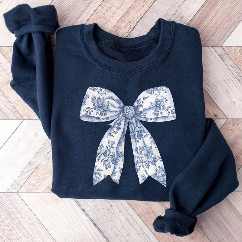 Coquette Bow Sweatshirt, Blue Ribbon Sweater, Girly Aesthetic Crewneck, Blue Floral Bow Shirt, Floral Bow Sweatshirt,...