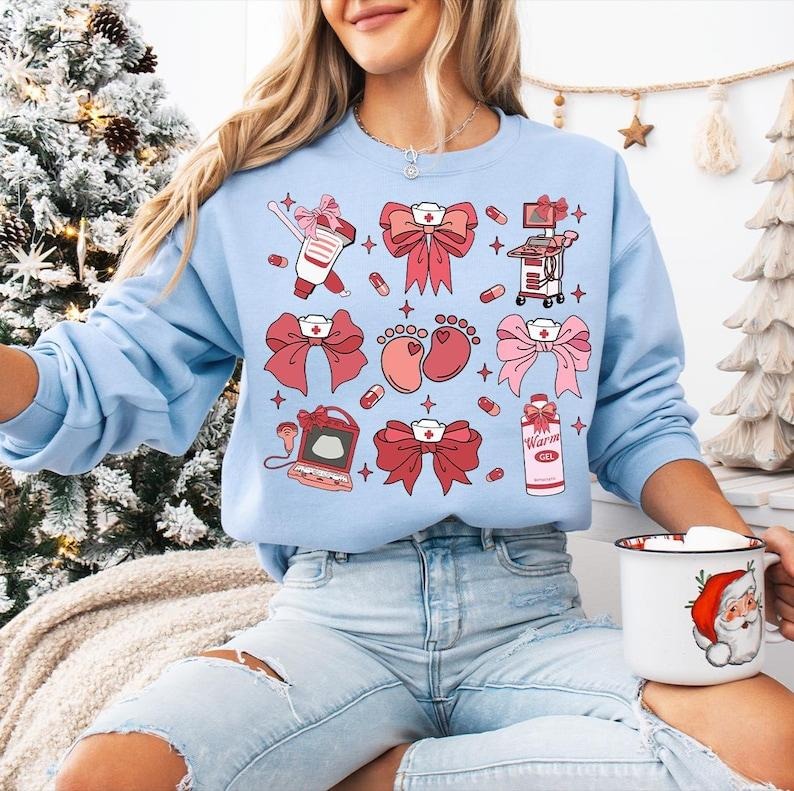 Coquette Bow Ultrasound Nurse Sweatshirt, Sonographer Christmas, Sono Tech Xmas Gift, Ultrasound Tech Holiday T-Shirts,...
