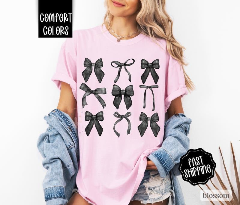 Coquette Bows Comfort Colors Shirt, Black Bow Tshirt, Cute Women's Tee Hoodie, Sweatshirt | ZylaModa.com