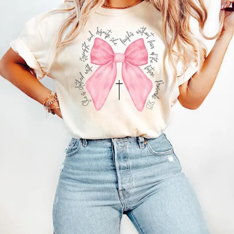 Coquette Christian Pink Bow Faith Tshirt, Bible Verse Shirt, Womens Christian Gifts Tee, Religious Women Gift, Jesus...