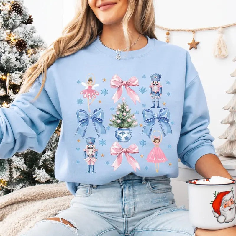 Coquette Christmas Sweatshirt | Festive Holiday Crewneck | Soft Girl Christmas Sweater | Pretty Pink Bows, Santas and...