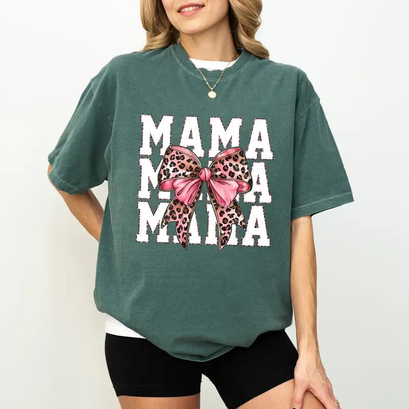 Coquette Leopard Mama Comfort Colors Shirt, Pinky Cheetah Bow Mama T-shirt, Wild Mama Graphic Tee, Leopard Feral Mom...