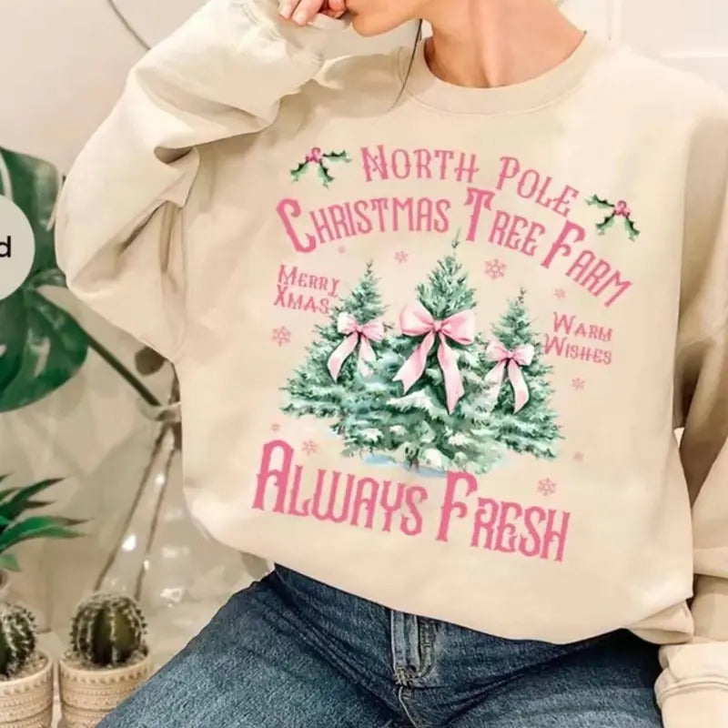Coquette Pink Christmas Retro Sweatshirt for Women - Loose Fit, 50% Cotton 50% Polyester Fabric - Pullover T-Shirts, Hoodie