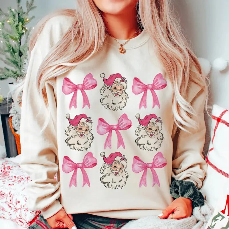 Coquette Pink Santa Sweatshirt, Coquette Pink Bow Christmas T-Shirt, Pink Santa Claus Tee Shirt, Girly Christmas Shirt,...
