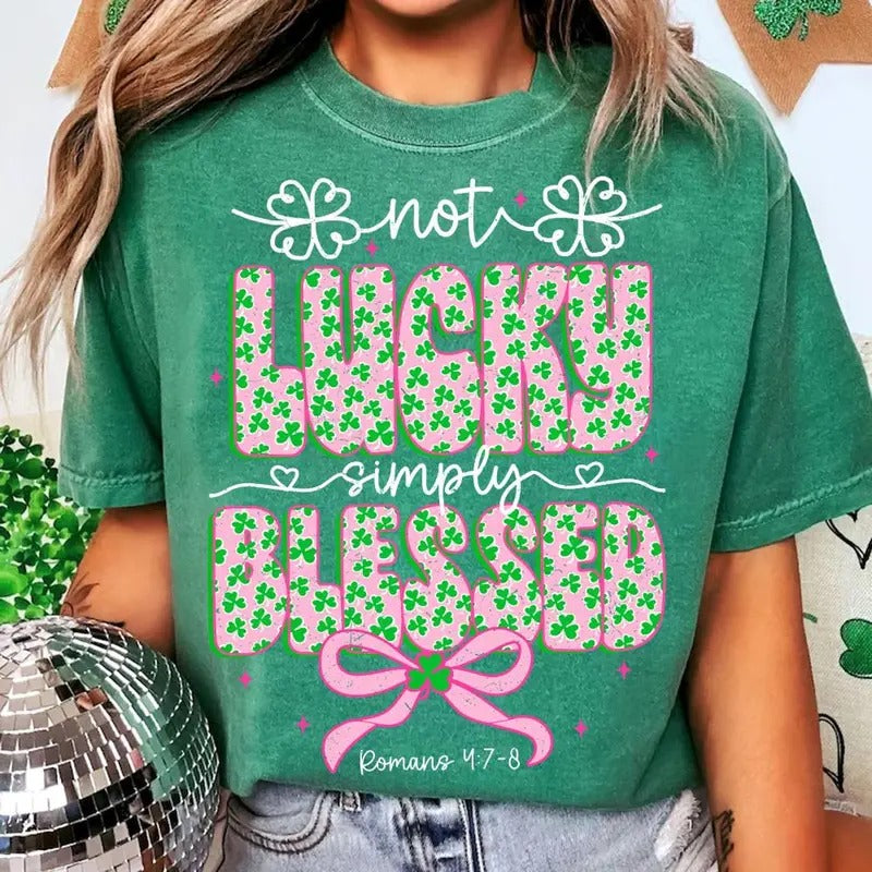 Coquette St Patrick's Day Bow T-Shirt, Not lucky simply Blessed Roman 47-8 T-Shirt, Bible Verses, Retro Lucky Vibes Pink...
