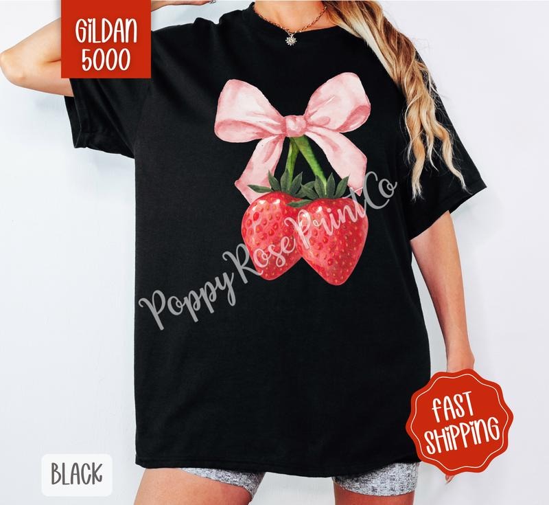 Coquette Strawberry Gildan Tshirt , Fruit Summer Tee, Cute Women's Shirt, Gift For Her Hoodie, Sweatshirt | ZylaModa.com