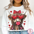 Coquette Valentine Cow | Retro Love Crewneck Sweatshirt | Highland Heifer Design T-Shirts, Hoodie | ZylaModa.com
