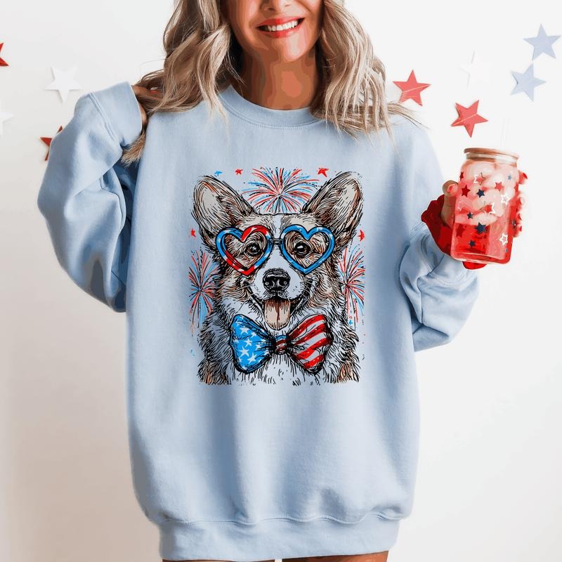 Corgi Patriotic Dog, USA, America, Pet Lover, 4th of July Sweatshirt, Crew Neck, Women's, Crewneck T-Shirts, Hoodie