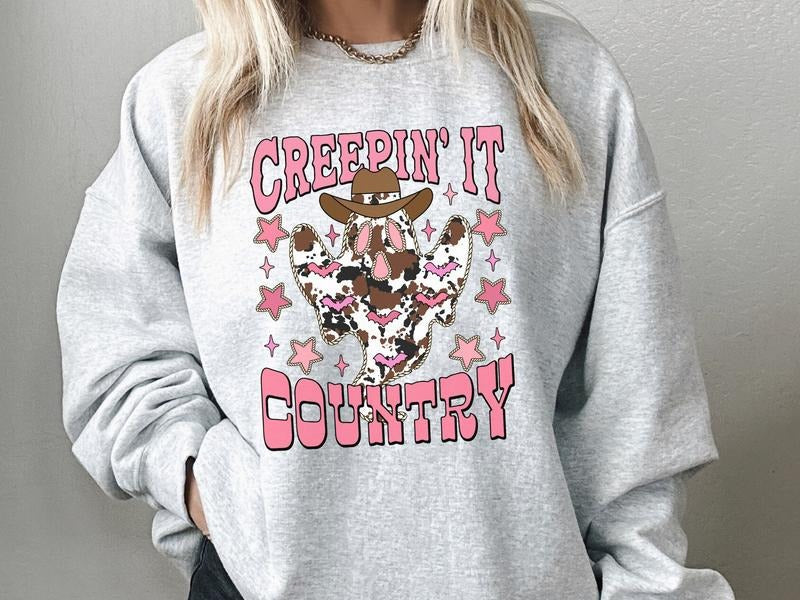 Creepin It Country Leopard Ghost Sweatshirt in Ash, Halloween Sweatshirt in Western Style T-Shirts, Hoodie | ZylaModa.com