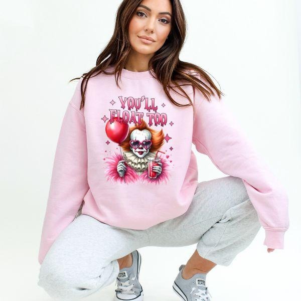 Pink Sweatshirt w/ Creepy Clown - Feminine Grunge Style, Alternative Fashion, Spooky Halloween Vibe, Edgy Appeal, Long...