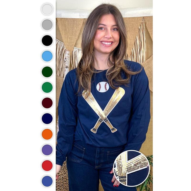 Crossed Bats Sequin Baseball Graphic  Long Sleeve T-Shirt Hoodie, Sweatshirt | ZylaModa.com