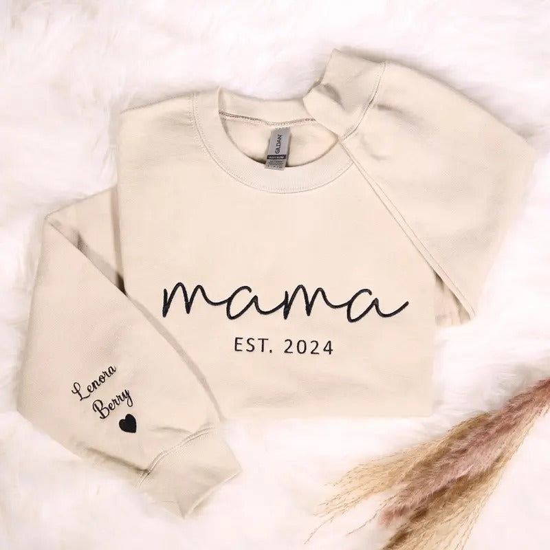Custom Embroidered Mama Sweatshirt With Kids Names On Sleeve, Personalized Mom Embroidery Sweatshirt , Birthday Outfits...