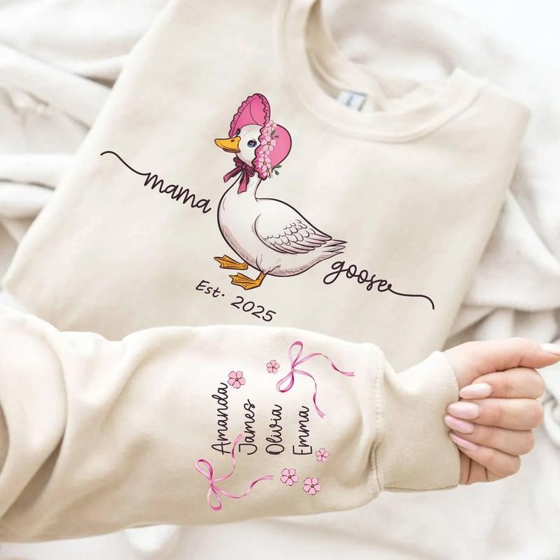 Custom Mama Goose Est 2025 Sweatshirt with Name on Sleeve, Casual Crewneck, Women's Womenswear Hoodie, Cute Mama Goose...