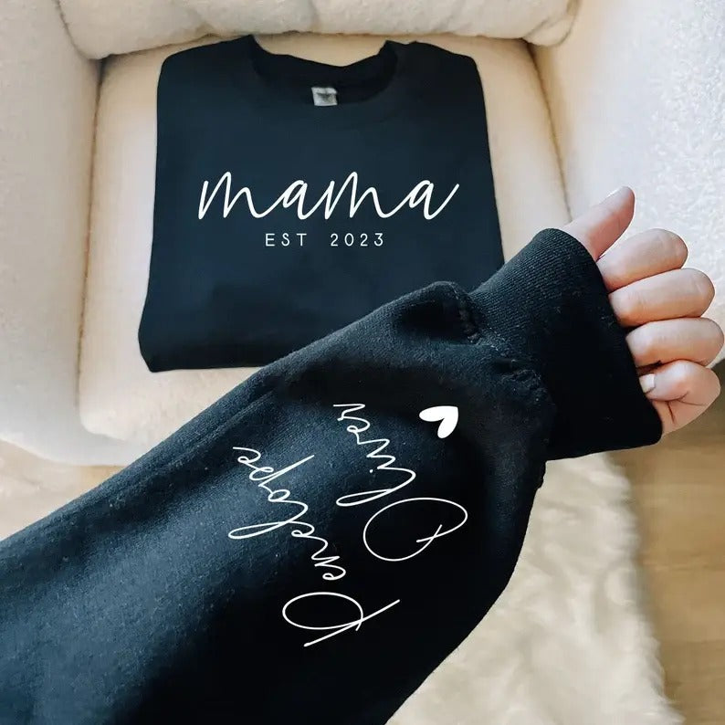 Custom Mama Sweatshirt with Date and Children Name on Sleeve Sweatshirt, Hoodie, T-Shirt | ZylaModa.com