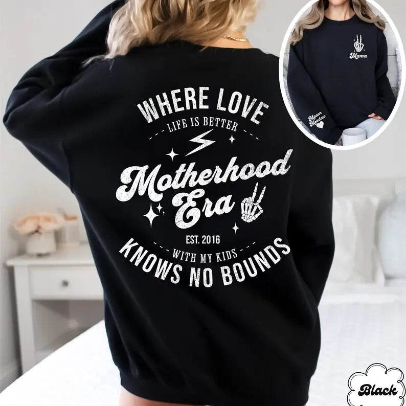 Custom Mom Sweatshirt With Kid Name on Sleeve, Mom Era Sweatshirt, Mom Skeleton Shirt, Motherhood Sweatshirt, Gift For...