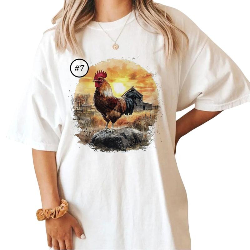 Custom Sunrise and Rooster Cute Chicken Watercolor Farm Yard Coop Graphics Unisex T-shirt Sweatshirt Hoodie Design all 1...