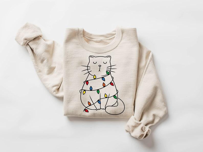 Cute Cat Christmas Sweatshirt, Cat Lover Gift For Christmas, Christmas Cat Graphic Sweatshirt, Womens Christmas...