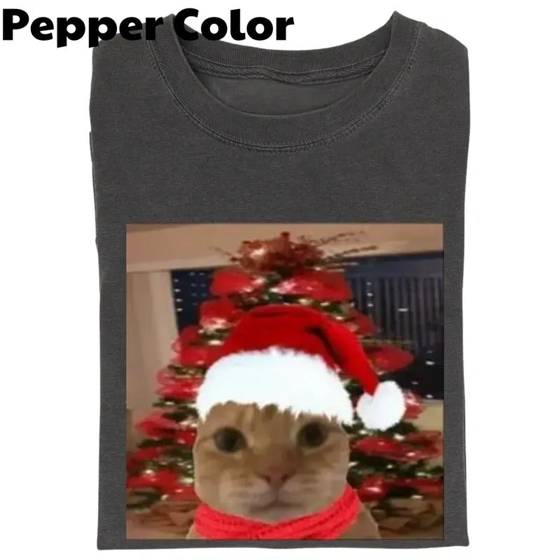 Cute Christmas Cat meme T-shirt, Vintage Funny Cat Expression Graphic Tee, Cat Lovers, Cute Kitty Meme Unisex Retro...