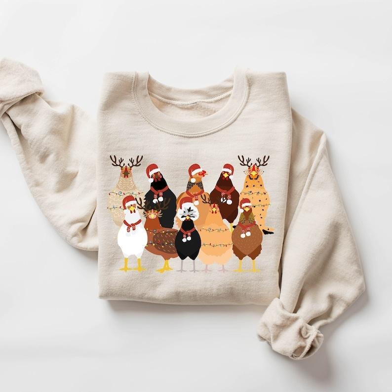 Cute Christmas Chickens Sweatshirt, Christmas Farm Animal Sweatshirt, Chickens Lover Sweater, Funny Holiday Sweater,...