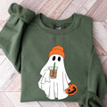 Cute Ghost Drinking Coffee Crewneck Sweatshirt, Hoodie, T-shirt | ZylaModa.com