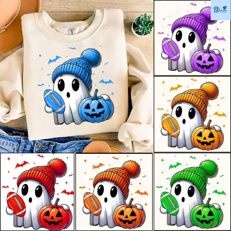 Cute Ghost Football Fall Sweatshirt, Halloween Football Fan Sweatshirt, Ghost with Pumpkin Football Season Sweatshirt,...