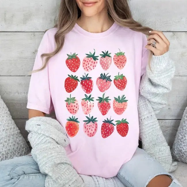 Cute Strawberry Tshirt | Summer Strawberry Shirt, Cottagecore Berries Tshirt, Strawberry Aesthetic, Botanical Garden...