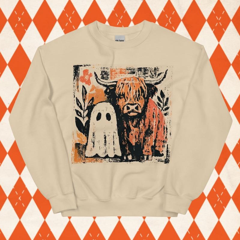 Cute fall highland cow ghost Sweatshirt, Halloween Spooky Season, Autumn Cow Crewneck, Fall Pumpkin graphic Pullover, Cow...