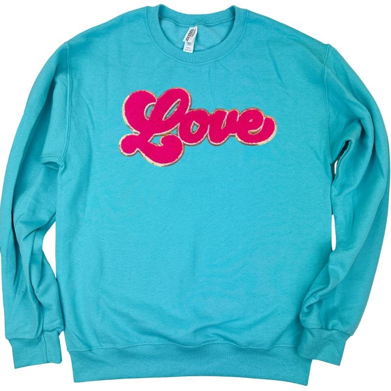 Dark Pink Chenille Love Patch Sweatshirt -- SCUBA BLUE T-Shirts, Hoodie | ZylaModa.com