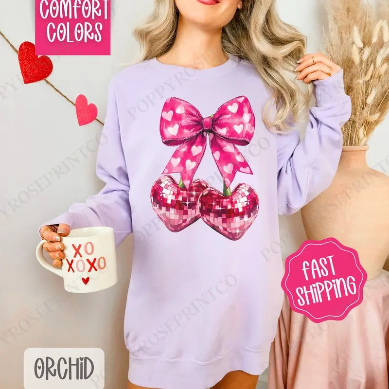 Disco Cherry Heart Bow Valentines Sweatshirt Comfort Colors, Valentine's Day Women's Crewneck, Holiday Women's Sweater...