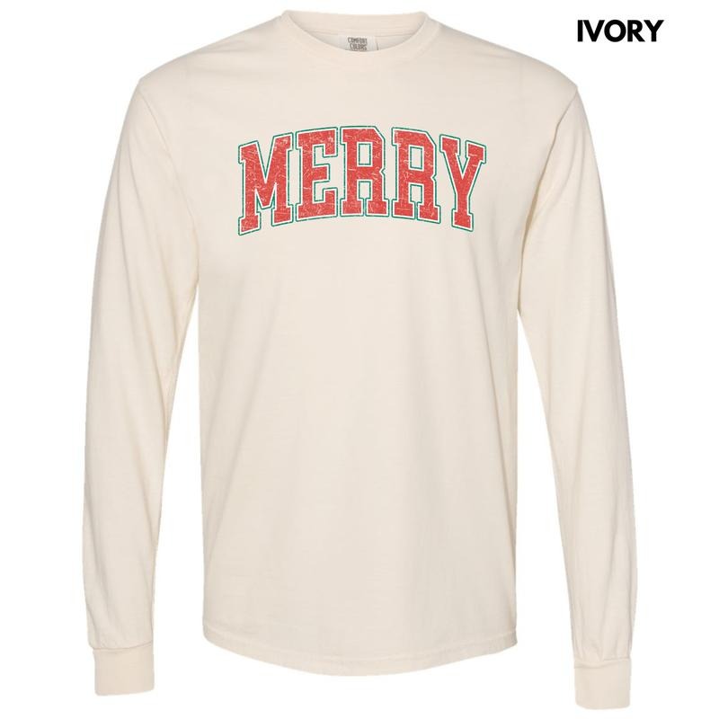Distressed Varsity Merry Long Sleeve Comfort Colors T-Shirt 'NLB' Hoodie, Sweatshirt | ZylaModa.com