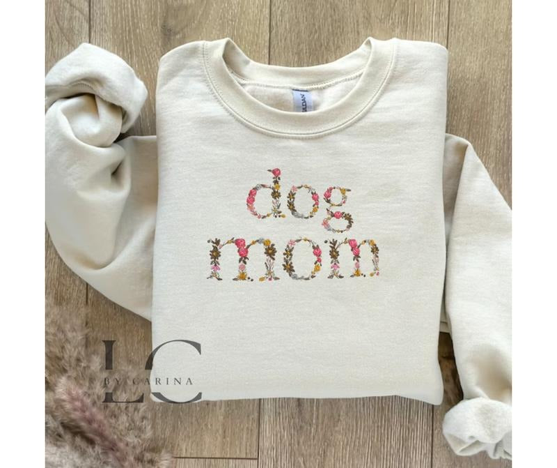 Dog Mom Floral Print Embroidered Sweatshirt - Cozy Pet Lover Apparel - Custom Dog Mom Jumper T-Shirts, Hoodie | ZylaModa.com